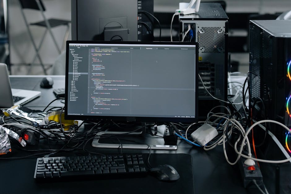 A cluttered workspace featuring a computer monitor displaying lines of code, surrounded by numerous tangled cables and wires. To the left, there is a laptop and a computer mouse, while to the right, c